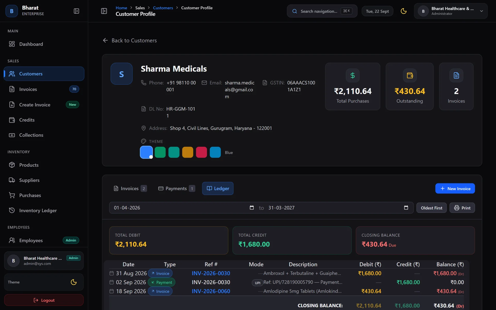 Bharat Enterprise customer ledger profile showing Sharma Medicals outstanding balance and invoice history