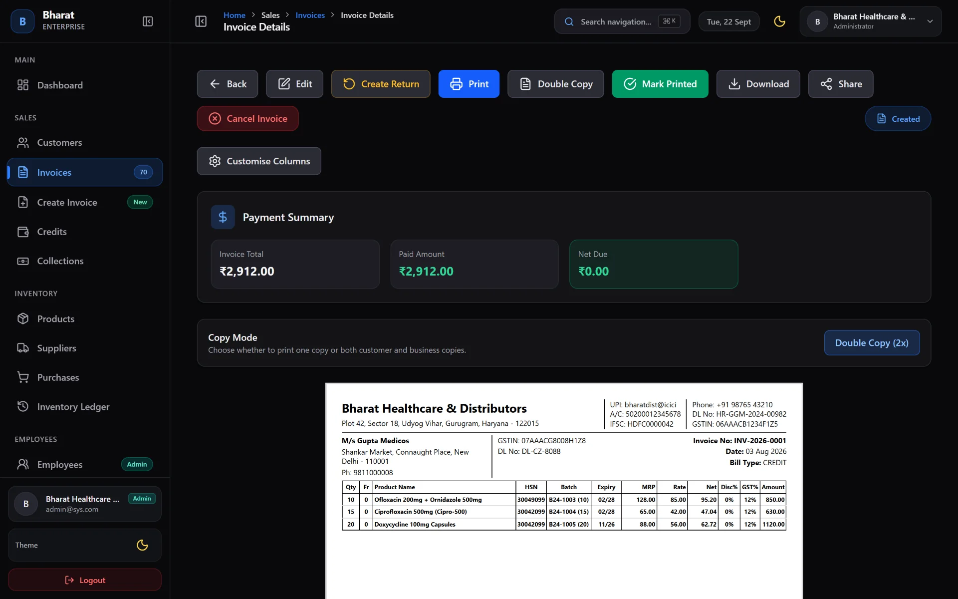 Bharat Enterprise tax invoice preview showing customer GSTIN, itemized HSN breakdown, and dual-copy printing